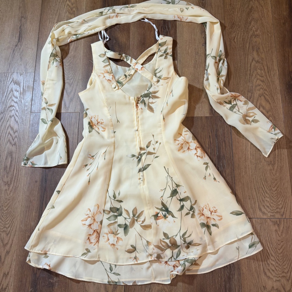 Vintage Y2K Floral Dress Scarf Yellow Floral Mini Dress Vintage Y2K Dress Fairy - Picture 7 of 15